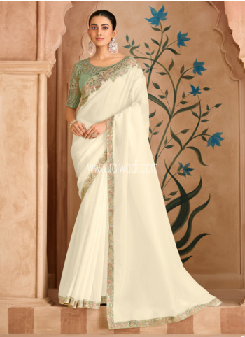 Off White Embroidered Chiffon Silk Saree