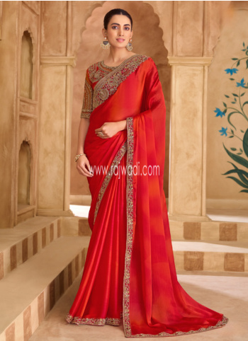 Red And Orange Embroidered Chiffon Silk Saree