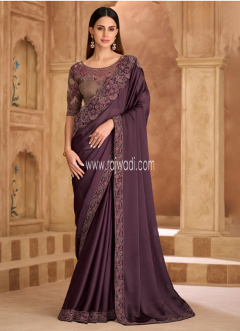Dark Purple Embroidered Chiffon Silk Saree