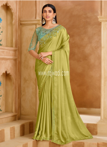 Light Green Embroidered Chiffon Silk Saree