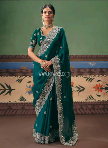 Rama Green Embroidered Chiffon Silk Saree