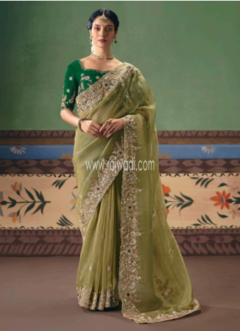 Mehndi Green Embroidered Organza Saree