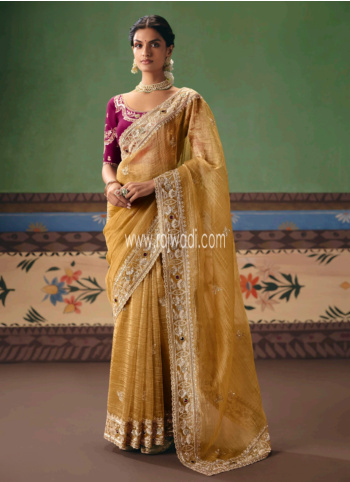 Mustard Yellow Embroidered Organza Saree