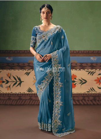 Dark Aqua Embroidered Orgnaza Saree