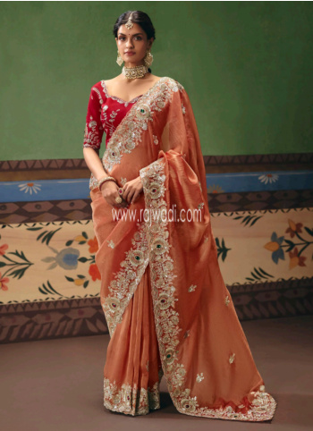 Orange Embroidered Organza Saree