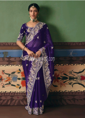 Purple Embroidered Organza Saree