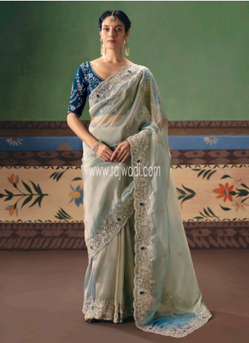 Light Aqua Embroidered Organza Saree