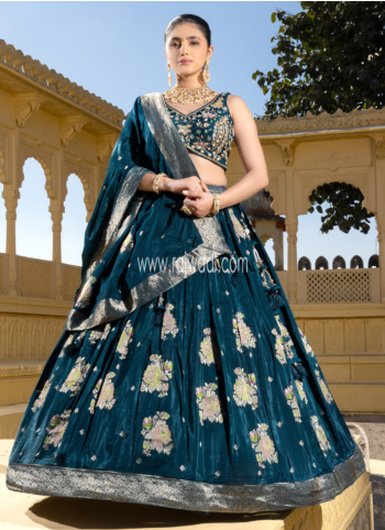 Teal Blue Crepe Silk Lehenga Choli With Readymade Choli