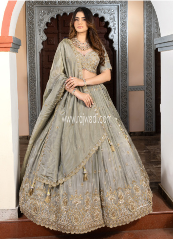 Beautiful Grey Shimmer Silk Embroidered Lehenga Choli For Wedding