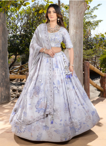 Powder Blue Embroidered Geoegette Silk Lehenga Choli