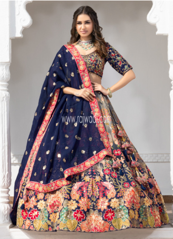 Navy Color Embroidered Artificial Raw Silk Lehenga Choli