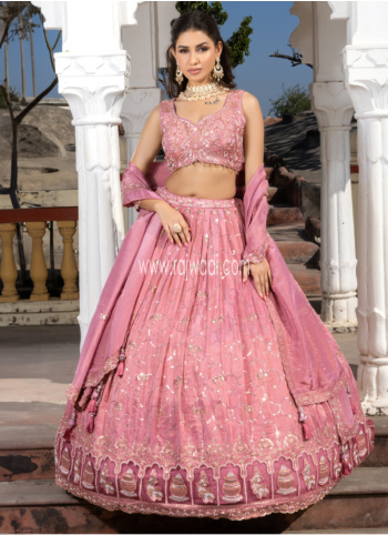Peach Embroidered Shimmer Silk Lehenga Choli