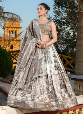 Grey Color Jacquard Silk Embroidered Lehenga Choli