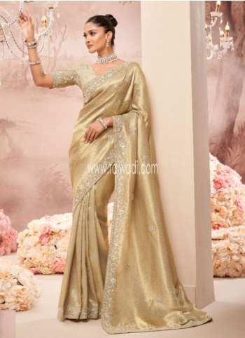 Golden Color Embroidered Silk Saree
