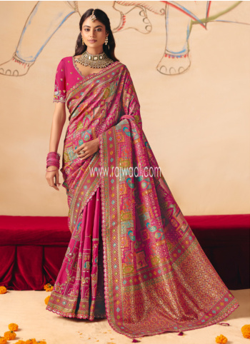 Wedding Wear Rani Embroidered Banarasi Silk Saree