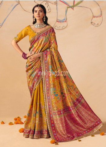 Beautiful Mustard Yellow Embroidered Banarasi Silk Saree