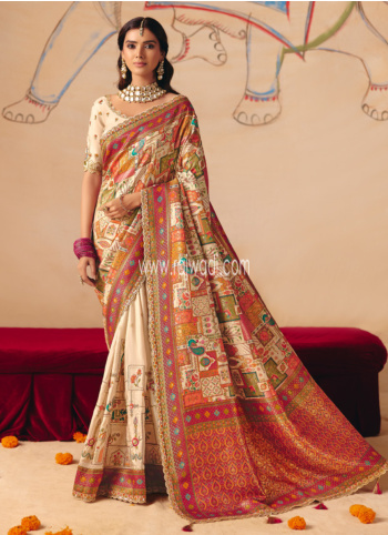 Designer Cream Embroidered Banarasi Silk Saree