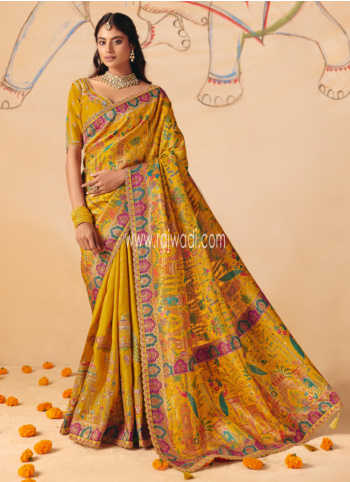 Mustard Yellow Embroidered Banarasi Silk Saree