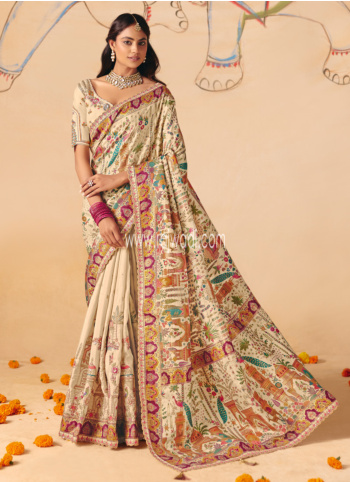 Cream Embroidered Banarasi Silk Saree