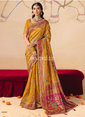Mustard Yellow Embroidered Banarasi Silk Saree