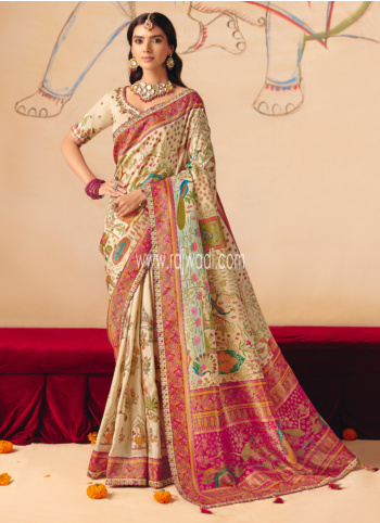 Cream Embroidered Banarasi Silk Saree