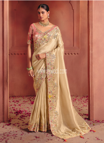 Beige Embroidered Banarasi Silk Saree