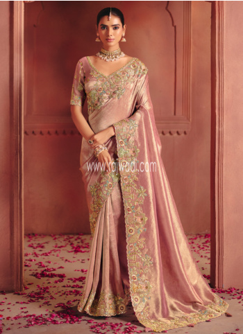 Rose Gold Embroidered Banarasi Silk Saree