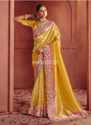 Yellow Embroidered Banarasi Silk Saree