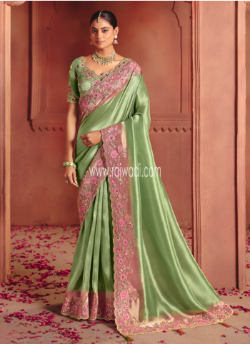 Pista Green Embroidered Banarasi Silk Saree
