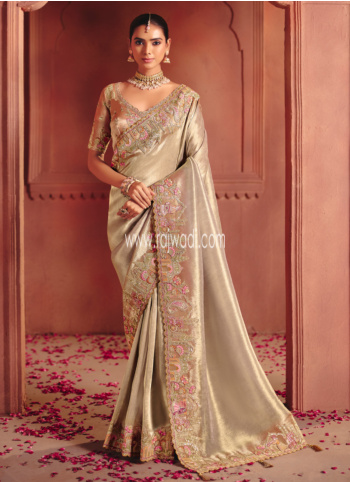 Beige Embroidered Banarasi Silk Saree