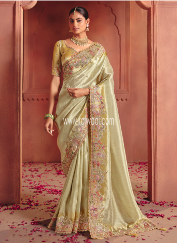 Light Gold Embroidered Banarasi Silk Saree