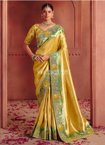 Mustard Yellow Embroidered Banarasi Silk Saree