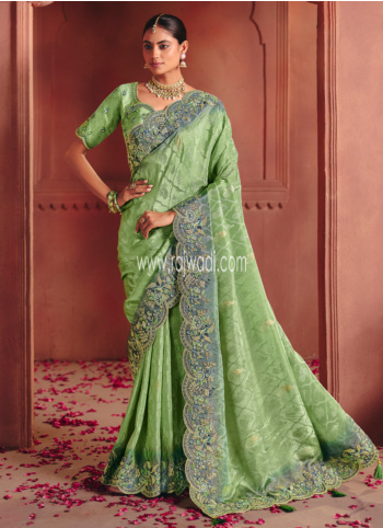 Light Green Embroidered Silk Saree
