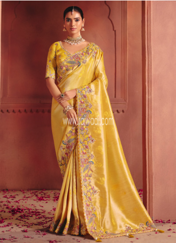 Golden Yellow Embroidered Silk Saree