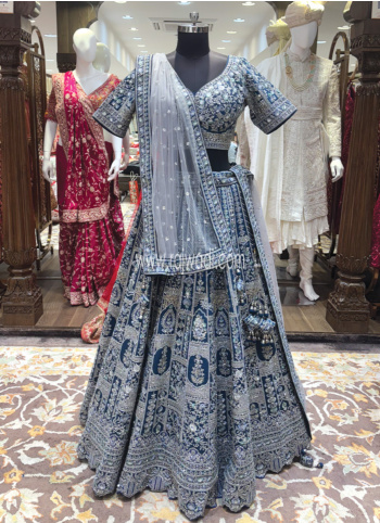 Indigo Blue Embroidered Raw Silk Lehenga Choli