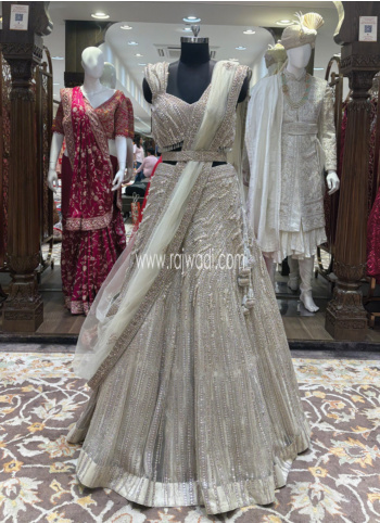 Cream Embroidered Net Fabric Lehenga Choli