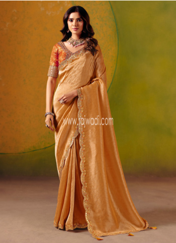 Orange Color Brocade Fabric Saree With Readymade Choli