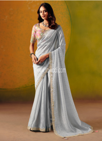 Light Grey Embroidered Silk Saree With Readymade Choli