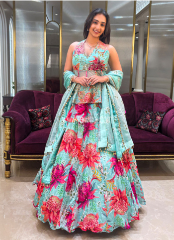 Sea Green Embroidered Organza Lehenga Choli