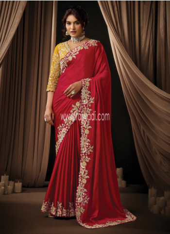 Red Embroidered Satin Silk Saree