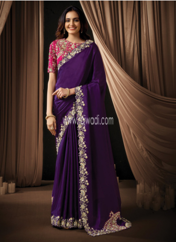 Purple Embroidered Silk Saree