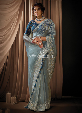Ice Blue Embroidered Organza Saree