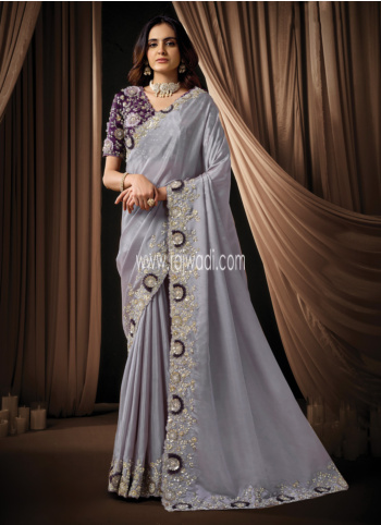 Lavender Embroidered Silk Saree
