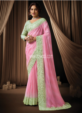 Pink And Pista Green Embroidered Chiffon Saree