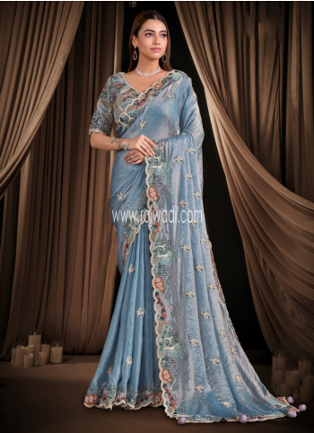 Steel Blue Embroidered Organza Saree