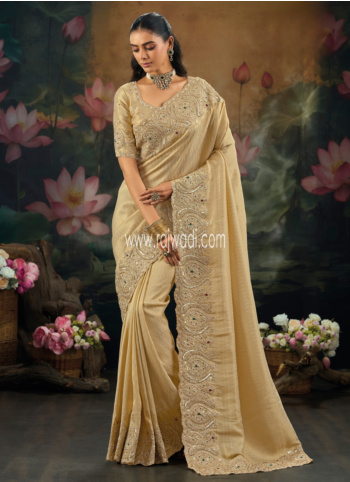 Beige Embroidered Banarasi Silk Saree