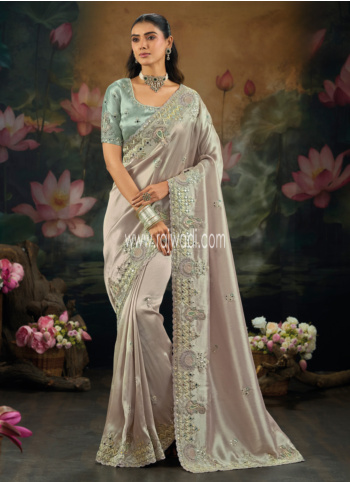 Light Rose Gold Embroidered Shimmer Silk Saree