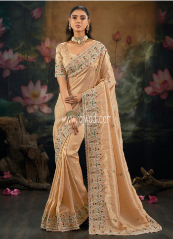 Beige Embroidered Banarasi Silk Saree