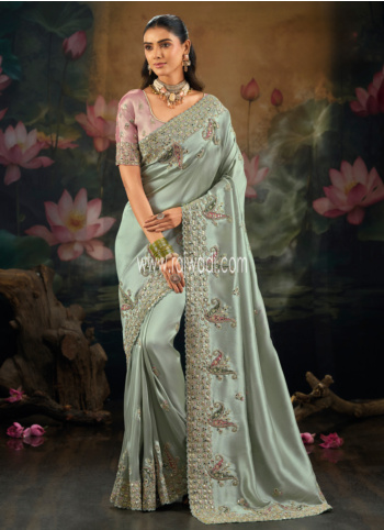 Sea Green Embroidered Silk Saree