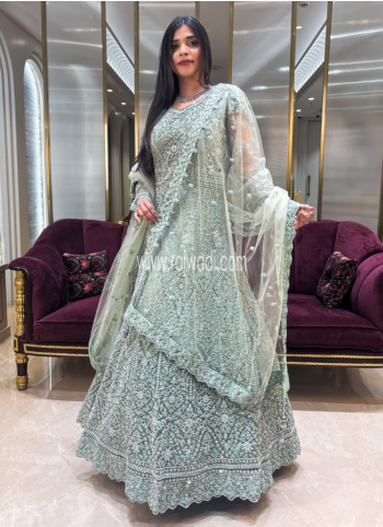 Green Color Embroidered Net Gown For Wedding